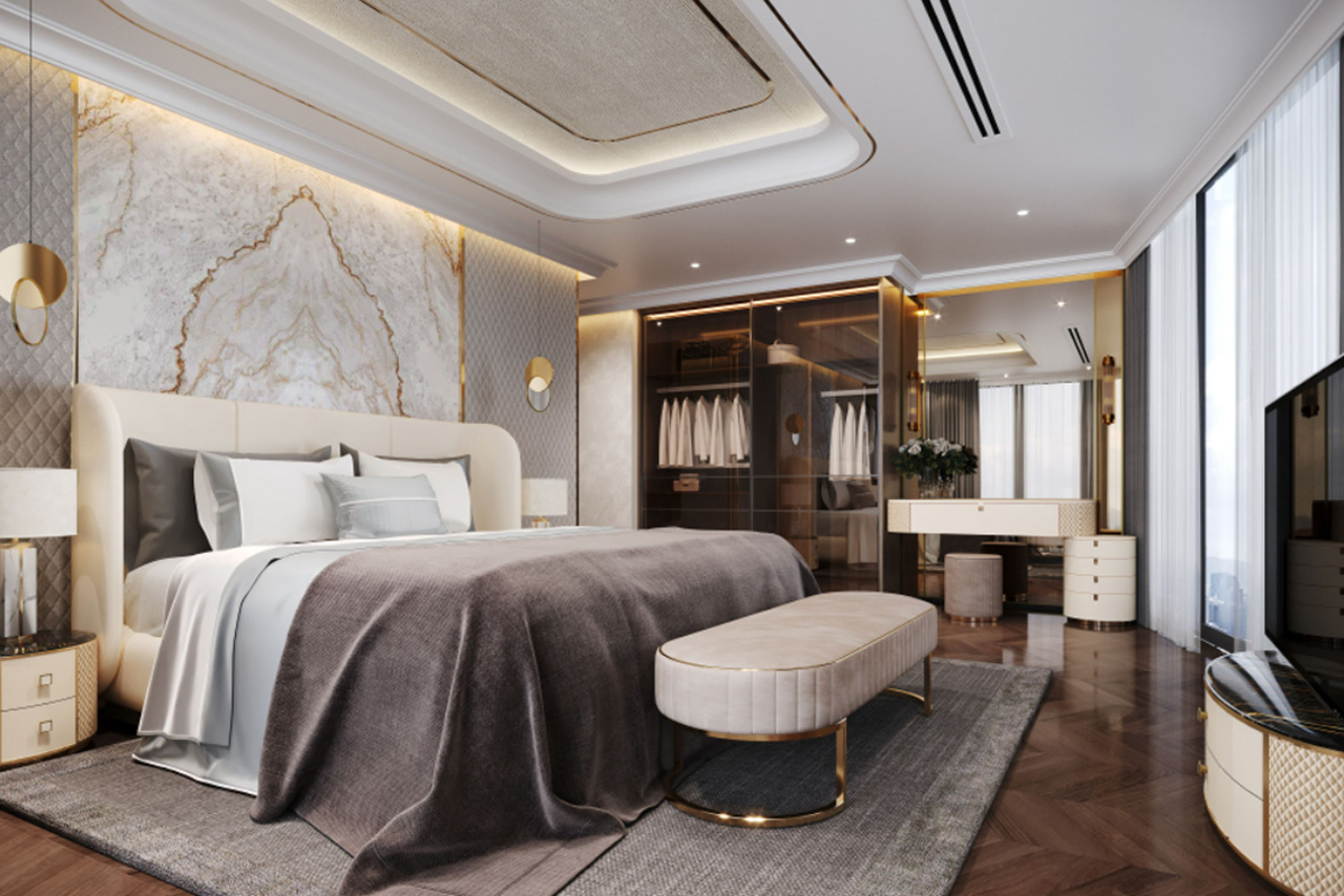 Các căn hộ được sử dụng họa tiết đường line dát vàng, vân đá tự nhiên với màu sắc trung tính, thể hiện sự giàu có tinh tế và thời thượng.